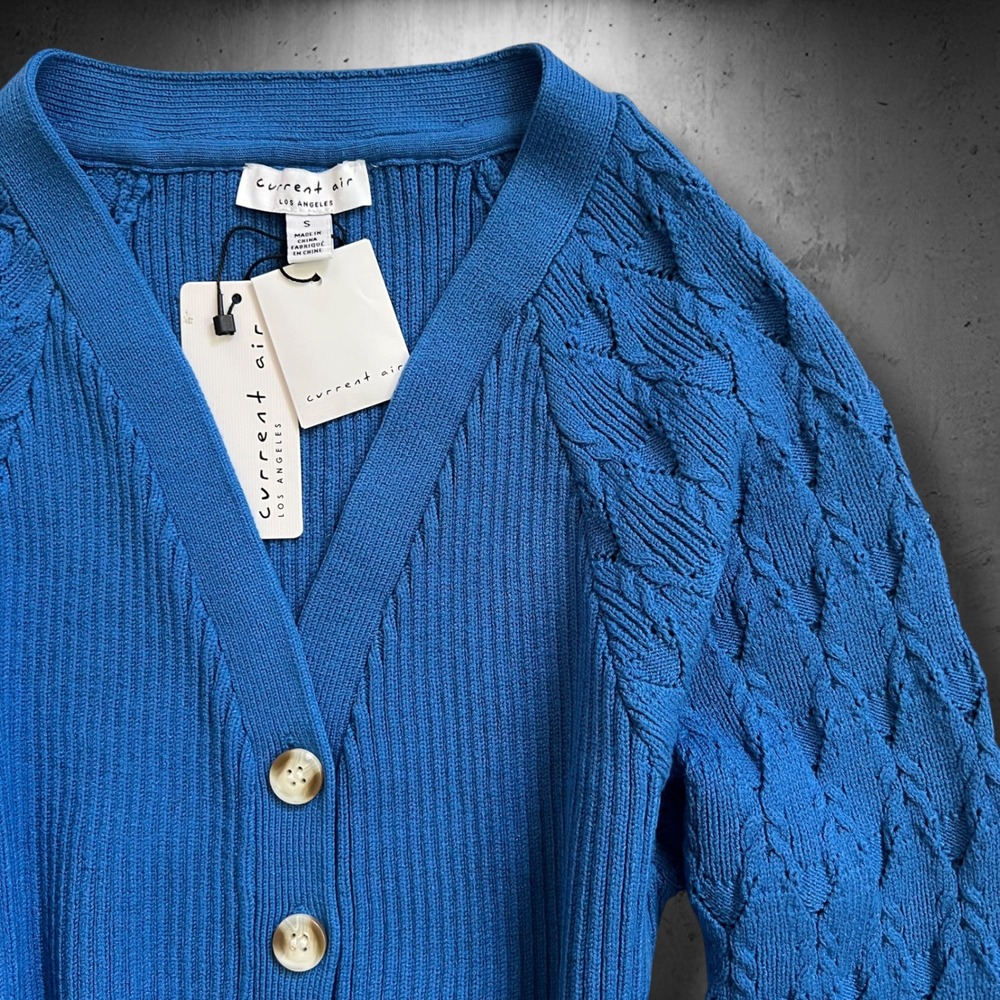 New Current Air Chunky Cable Knit Cardigan Sweater S Blue LS Ribbed Button Up - Picture 2 of 7